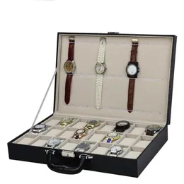 Watch Boxes & Cases 24 Grid Black Alligator Leather Suitcase Case Display Storage Box Bracket Clock260U