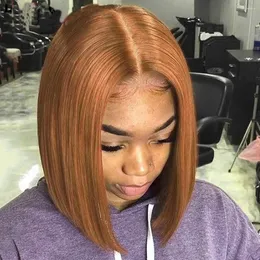 Perucas Cor Laranja Escuro Loiro Mel Sem Cola 13x4 Renda Frente Curto Bob Liso Cabelo Remy Humano Peruano Tamanho Pequeno