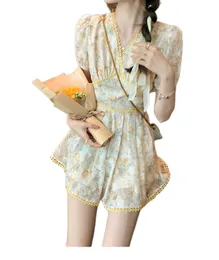 Macacão feminino coreano de manga curta com estampa de flores e decote em V chiffon macacão SMLXL