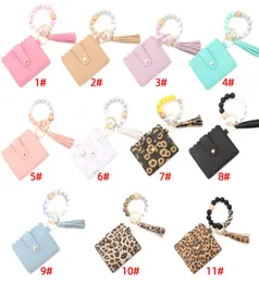 Fashion PU Leather Bracelet Wallet Keychain Party Favor Tassels Bangle Key Ring Holder Card Bag Silicone Beaded Wristlet Keychains2681296