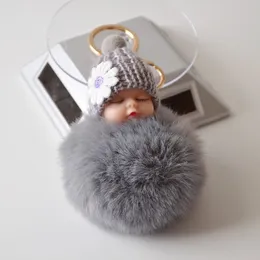 Plush Keychains Baby Doll Toy DropshipCute Sleeping Key Chains For Women Bag Ring Fluffy Pom Pom Faux Fur 230603