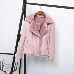 Jaqueta de couro feminina curta de PU para inverno feminina de manga comprida de motocicleta com gola de pele grossa e fofa Casaco rosa