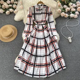 Casual Kleider Merchall Frühling Sommer Vintage Hemd Kleid Frauen Revers Langarm Retro Plaid Streifen Druck Plissee Midi OL Vestidos