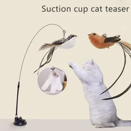 لعبة Toys Simulation Bird Interactive Cat Toy مع كوب الشفط Cuction Feather Bird Cat Stick Toy Histten Play Therk Wand Toy Cat Supplies