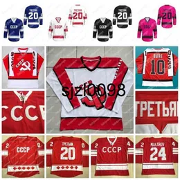 SJ98 10 Pavel Bure 20 Vladislav Tretiak 24 Sergei Makarov 11 Igor Larionov Vintage 1980 CCCP Ryssland Hem Röd sömnad Hockey Jersey