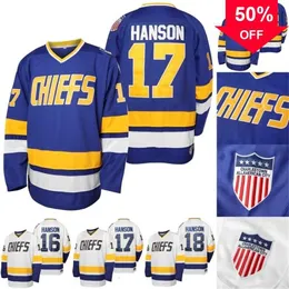 Mag Mit Mens Charlestown Hanson Brother Slap Shot Jersey #16 Jackhanson #17 Steve Hanson #18 Jeff Hanson Movie Hockey Jerseys Blue White S-xxxl In