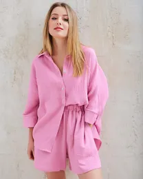 Women's Tracksuits Casual Sleepwear Cotton Pajamas For Women Sets Suit Turn-Down Collar Nine Quarter Sleeve Sleep Tops Shorts Female