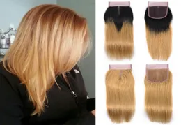 27 Honey Blonde Pure Color 1B27 Dark Root Blonde Ombre Color Natural Black Straight Closure Hair Brazilian Peruvian Malaysian H2380434