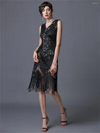 Casual Dresses Women's 1920-tal V-ringning paljett fransade ärmlösa festdräkter vintage klaff Gatsby Tassel Evening Midi-klänning