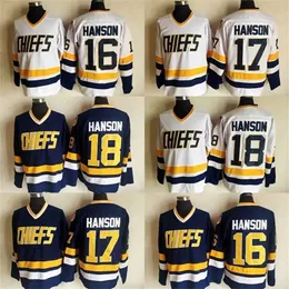 C2604 MIT Slap Shot Movie Charlestown 18 Jeff Hanson 17 Steve Hanson 16 Jack Hanson Hockey Jersey White Blue Stitched Jerseys Fast