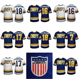 C2604 MitNess Hanson Brothers Charlestown Hockey Jersey # 16 Jack # 17 Steve # 18 Jeff 7 Slapshot Movie Maglie Blu Bianco