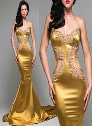 Elegant Gold Mermaid Formal Dresses Evening Wear Beaded Strapless Neck Evening Gowns Appliques Sweep Train Satin Prom Dress robes 8790010