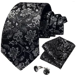 Papillon Luxury Black Silver Floral Tie Set Pocket Square Gemelli 8cm Jacquard Woven Silk Wedding Party Neck For Men Accessori