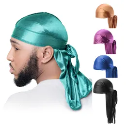 Bandanas Durag Long Tail Silky Scarf Muslim Doo Rag Pirate Hat Chemo Caps Skull Turban hair band 18 colors for Choose 230605