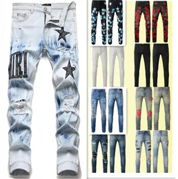 AM Designer Jeans Mens Skinny Jeans Desig 55 Colors Pants Long Hippop Sticker Embroidery Slim Denim Straight streetwear Skinny Pants wholesale 29-38