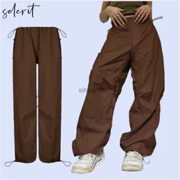 Женские брюки Capris Backgy Cargo Parachute Pants Y2K Jogger Брюки Brown Wide Retro Old School Hip Hop Кнопка для женских женщин осень J230605