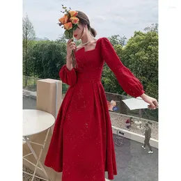 Casual Dresses Red Square Collar Long Sleeve A-Line Dress Fashion High midje Slimming Party Evening Dress Women 2023 FashionTemperament