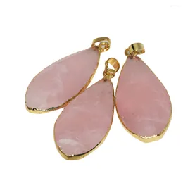 Hänghalsband 2023 Pink Crystal Rose Quartz Water Drop för halsband Naturlig kvinnlig guldplätering Bezel Stone 5pc DIY smycken Tillbehör