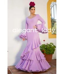 Lila lavendel zeemeermin avond feestjurken met lange mouwen vestido de flamenca ruches rok prom dansjurk dragen