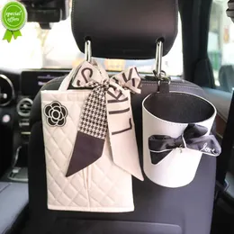 New Fashion Silk Ribbon Bow Leather Car Back Seat Headrest Hanging Tissue Paper Bag With Auto Trash Bin Can Sets Car Accessories