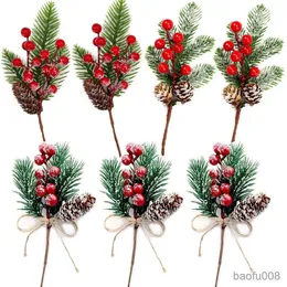 Sachet Bags 3pcs Christmas Artificial Pine Cone Branch Snowflake Pine Needle Red Berry Branches For Xmas Decoration DIY Wreath Berry R230605