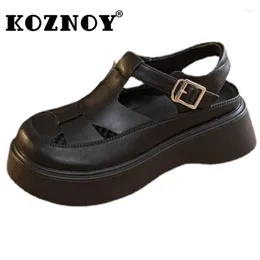 Dress Shoes Koznoy 5cm Natural Weave Genuine Leather Platform Wedge Chunky Sneakers Comfy Women Sandals Buckle Summer Fashion Ladies