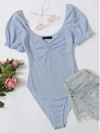 Kvinnor jumpsuits rompers frilled puff hylsa ruched byst ribknit kvinnlig bodysuit kvinna kläder bodycon sexiga bodysuits kroppar för kvinnor 230605