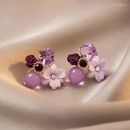 Kolczyki stadninowe Purple Crystal Flower for Woman Korean Fashion Jewelry Wedding Party Girl Elegance Set Akcesoria