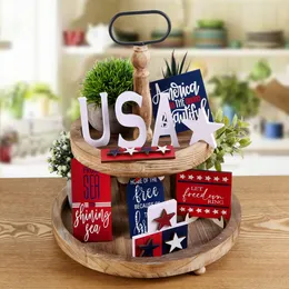 Patriotisk självständighetsdag Tiered Tered Tray Decor Rustic Wood Home Coffee Bar Mini Signs för 4 juli XBJK2306