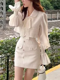 Arbeit Kleider Solide Frühling Vintage Zwei Stück Set Frauen Süße Retro Elegante Rock Weibliche Flare Hülse Frankreich Stil Anzug Sommer 2023