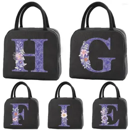 Duffel Bags Thermal Insulated Lunch Bag Kids Lunchbox Unisex Handbag Food Picnic For Work Cooler Storage Purple Flower Letters Series