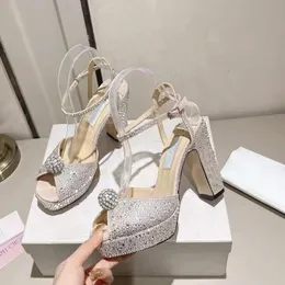 Moda kadın sandalet pompalar sacora 100 mm strass elmas dekore edilmiş İtalya narin ayak bileği clare sling balık ağız tasarımcısı düğün partisi kaba topuklu sandal kutusu eu 34-43