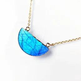 Pendant Necklaces Quality Flat Labradorite Gemstone Half Moon Shaped Double Bail Connector Charms Necklace Gold Plated