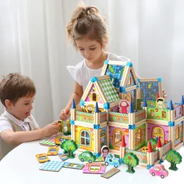 Blocks Montessori Doll House Miniature DIY Dollhouse Wooden Building BlocksHouse 128pcs 268pcs Toys For Children Gifts Holiday Times 230605