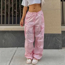 Kvinnor Pants Capris 2022 Solid Loose DrawString Trousers Low Midje Streetwear Joggers Baggy Wide Leg Sweatpants Hippie Pink Cargo Pants Y2K Clothing J230605