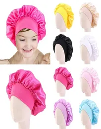 Silky Satin Caps Solid Wide Elastic Sleeping Hat Girl Night Sleep Cap Hair Care Bonnet Nightcap Kids Unisex Cap bonnet Bandanas2882136
