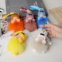 Plush Keychains Real Fur Pompom Sleeping Baby Keychain Cute Fluffy Doll Women Girl Bags Keyring Gift Charming Decoration 230603
