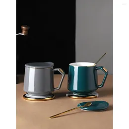 Mugs 380ml Ceramic Coffee Mug Paint In Gold With Covered Spoon Office Male Couple Nordic Cup Simple Style Household Drinking