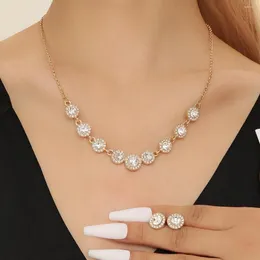 Necklace Earrings Set Trend Elegant Crystal Circle Pendant Earring Golden Color Unquie Women Fashion