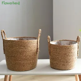 Vases Nordic Large Straw Flower Pot Cesto portaoggetti per alghe Pianta in vaso Pavimento intrecciato Indoor 230603