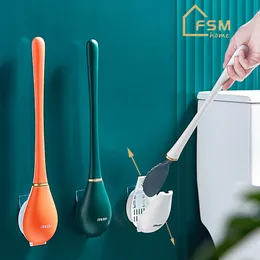 Toilet Brushes Holders Wall-Mounted Toilet Cleaning Brush Soft Bendable Long Handle Silicone Bathroom Brush Household Dead Corner Cleaning Tools 230605