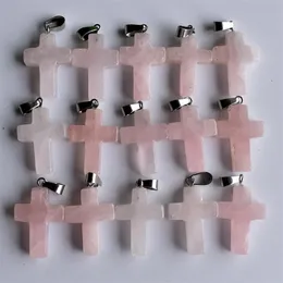 Natural Stone Pink Rose Quartz Opal Tiger's Eye Turquoise Cross Shape Charms White Black Crystal Pendants for Necklace Accessories Jewelry Making