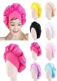 Silky Satin Caps Solid Wide Elastic Sleeping Hat Girl Night Sleep Cap Hair Care Bonnet Nightcap Kids Unisex Cap bonnet Bandanas8378580