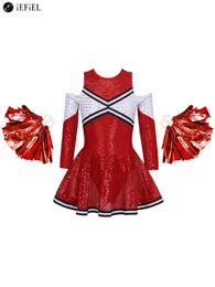 Cheerleading Kids Girls Paillettes Cheer Leader Costume Manica lunga con spalle scoperte Latin Jazz Dance Stage Performance Cheerleading Dress Outfits 230603