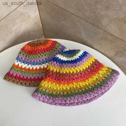 Womens Str Hat Rainbow Crochet Hand-made Panamas UV Protection Sun Visor Beach Hats Women Visors Foldable Summer Sun Hat L230523