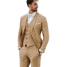 Ternos Masculinos Terno de Linho Masculino 3 Peças Seio Único Casamento Vintage Baile de Formatura Magro Blazer Calça Elegante Noivo Smoking