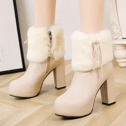 Boots Fashion Square Heels Ankle Boots Women Platform with Zipper High Heel Winter Warm Plush Faux Fur Shoes Bow Chunky Sole Snow Boot Z0605