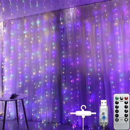 LED -gardin fairy lampor 3m x 3m fjärrkontroll 8 Belysningslägen USB -driven strängljus för sovrum, semester, jul, festdekoration Färgglada 300 lysdioder