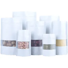 Selbstverschließender Standbodenbeutel aus weißer Aluminiumfolie mit mattiertem Fenster, selbstverschließende Aufreißkerbe, Doypack-Verpackungsbeutel für Lebensmittel, Snacks und Tee