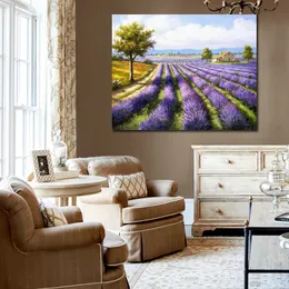 Hermoso paisaje marino hecho a mano, arte de pared, filas de lavanda, pintura en lienzo Sung Kim, decoración de baño contemporánea